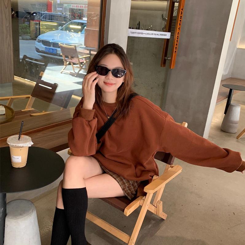 牛油果绿焦糖色宽松复古圆领复合加厚下半身失踪卫衣