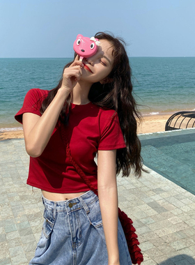 酒红色短袖t恤女短款高腰白色黄色正肩纯色纯棉上衣夏季2025新款