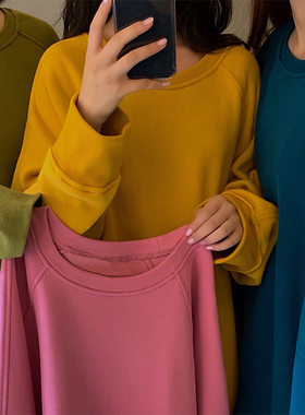 粉色黄色蓝色绿色冬韩chic简约宽松多色加绒卫衣 三标齐全