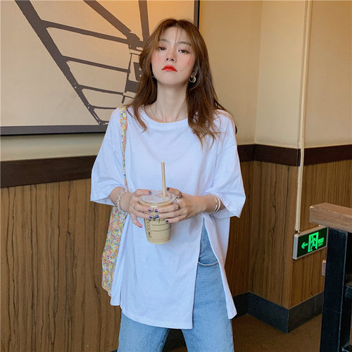 慵懒风白色开叉短袖t恤女纯棉