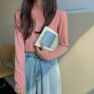 粉色打底衫女半高领纯色秋冬内搭宽松长袖针织衫正肩上衣2025新款