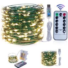 小型圣诞树灯串USB电池盒遥控绿植花环装饰灯绿铜丝星星彩灯闪灯