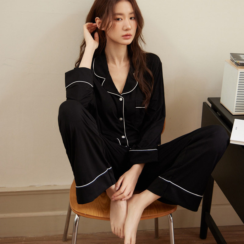 莫代尔棉睡衣女款春款夏季薄款带胸垫春秋款套装家居服大码开衫