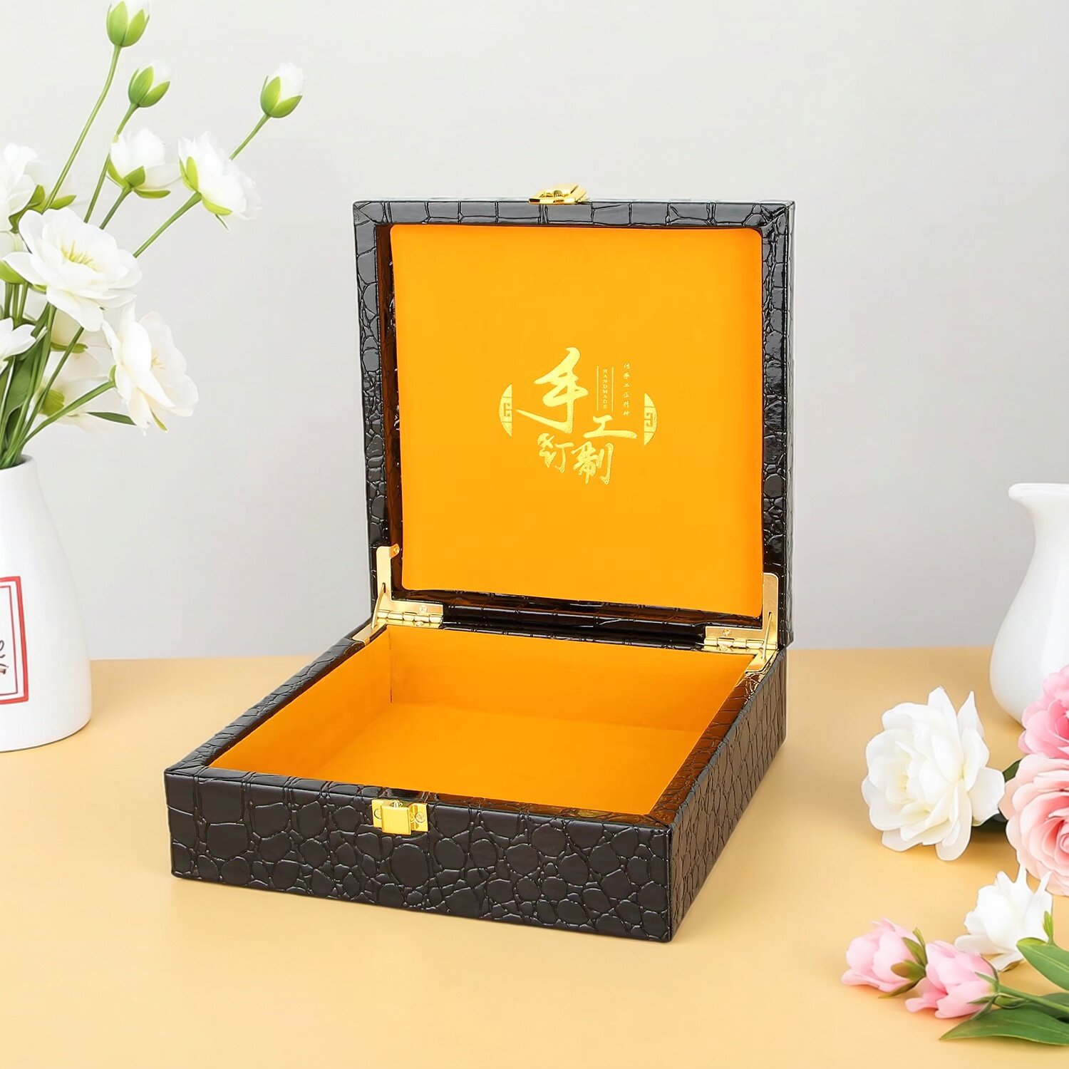 高档轻奢鳄鱼纹PU皮礼品盒翻盖式商务腰带包装盒私人定制礼盒空盒