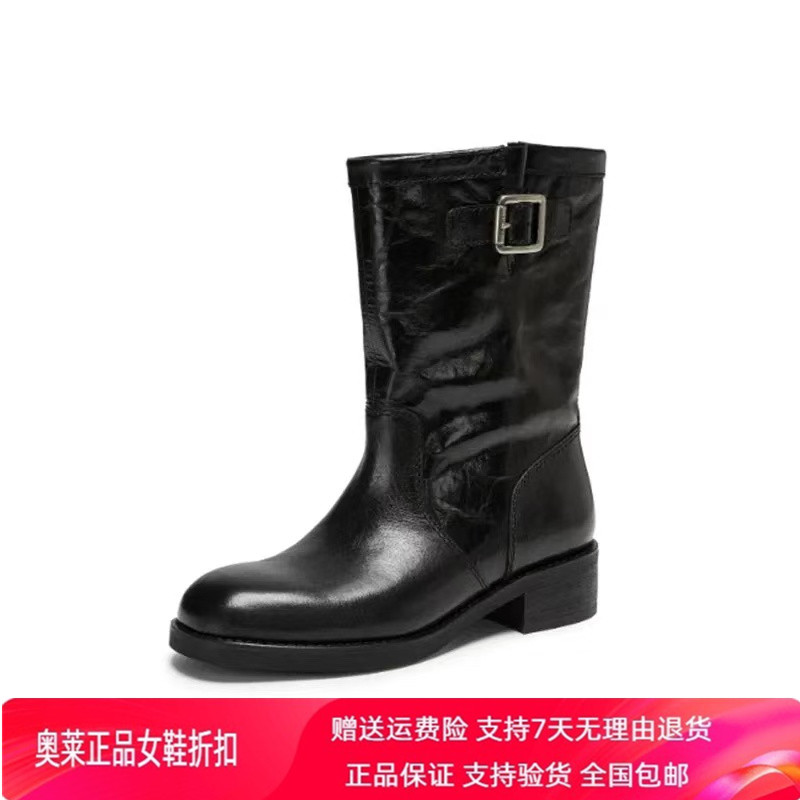 商场同款2026新款英伦风工装靴机车靴粗跟时装靴女皮靴子EKX01DS6