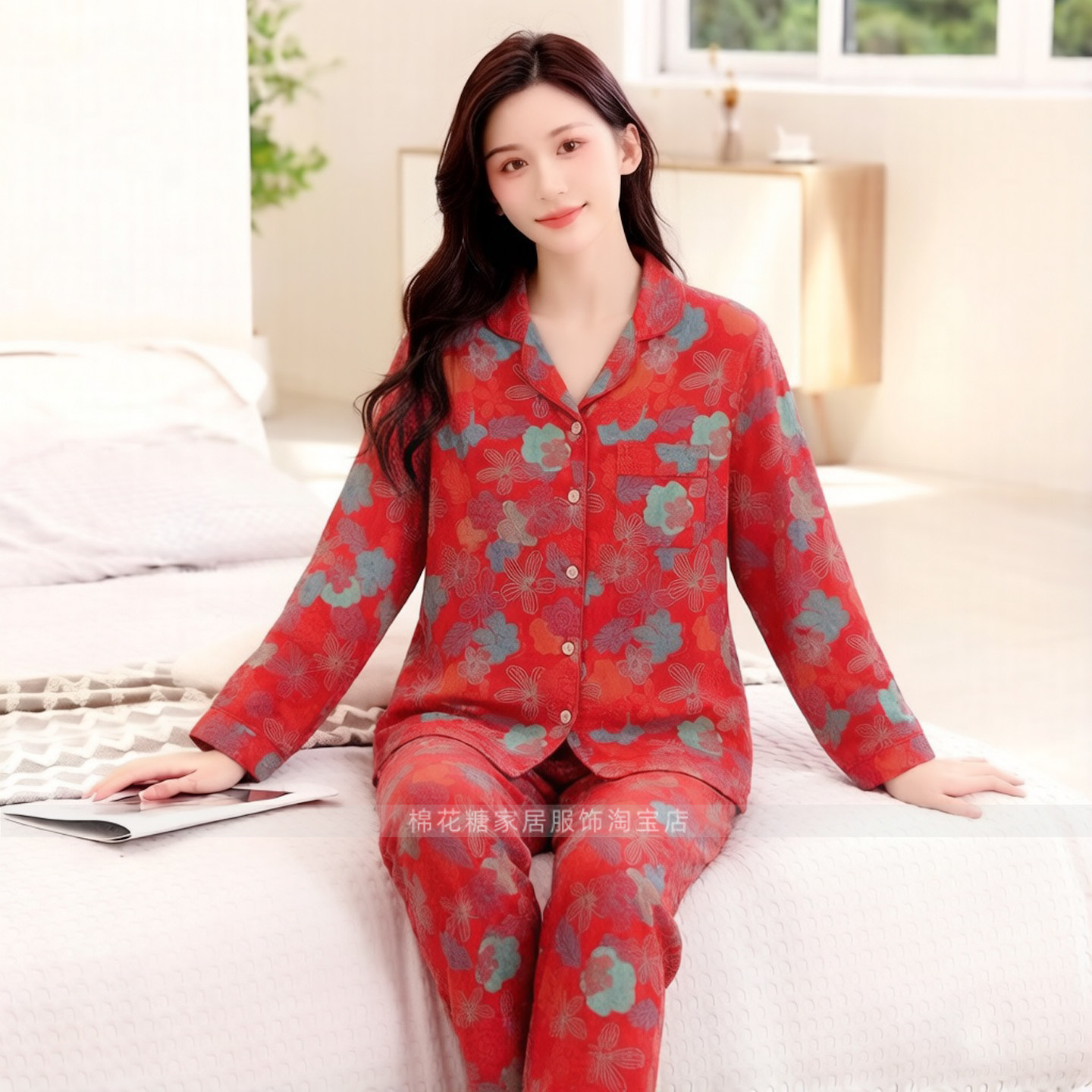 复古纯棉纱布睡衣女春秋夏薄款家居服套装睡裤可外穿中国红本命年