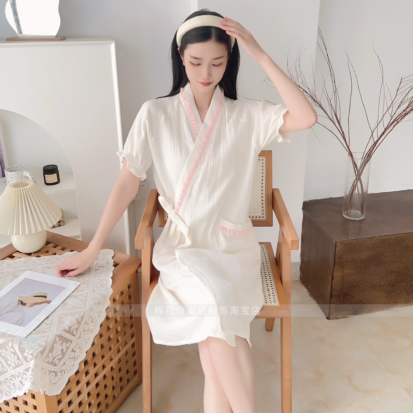 纯棉绉纱布睡袍睡衣女浴袍睡裙花边泡泡纱薄夏浴衣吸水家居服学生