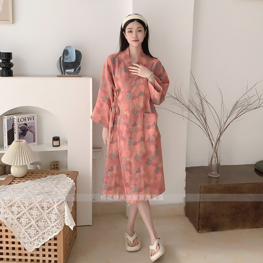 奢华复古纯棉纱布睡裙睡衣睡袍浴袍薄夏浴衣吸水家居服女日式和服
