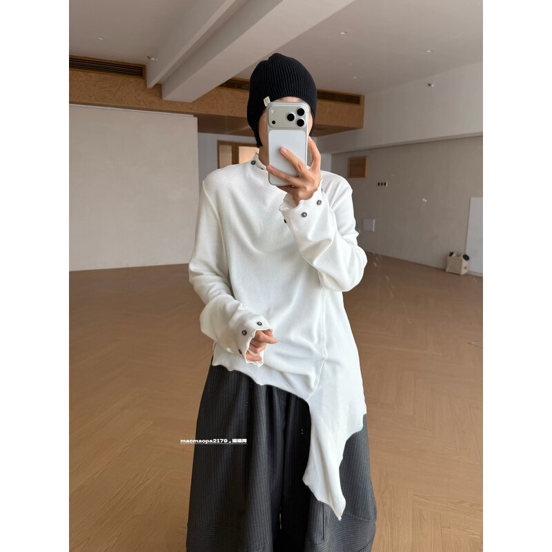 猫姐推荐｜宽松设计款加厚磨毛不规则小摆飘带立领长袖T打底衫女