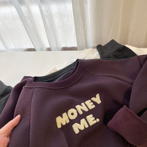 显白暗紫色韩系慵懒风糯米刺绣圆领时尚抓绒衣加绒宽松休闲上衣女