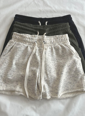 黑色/军绿色/米白色卷边杂色毛圈棉运动短裤 宽松显瘦居家热裤女