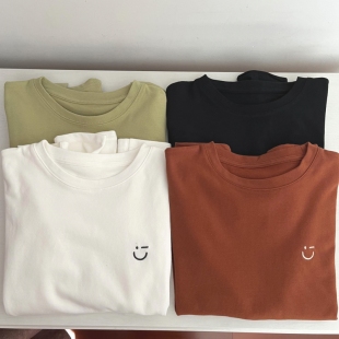 磨毛加厚圆领长袖 春新款 T恤上衣女 笑脸简约小刺绣打底衫 smile