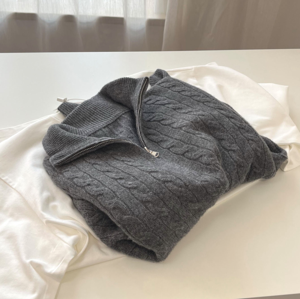 复古老钱风  100%羊毛半拉链立领绞花毛衣宽松慵懒针织上衣女