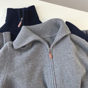 灰色/藏蓝色100%羊毛开衫 半高领双拉链头小个子短款毛衣外套女