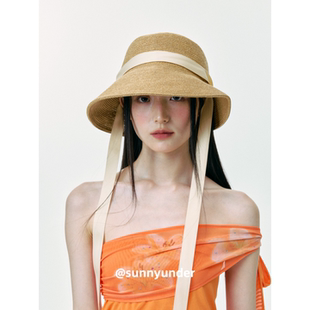 出游防曬遮陽帽子度假顯臉小漁夫帽 時髦氛圍感綁帶草編草帽女夏季