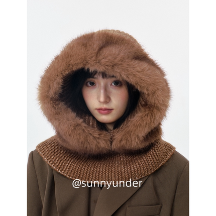 复古毛边针织披肩包头帽子女秋冬韩版日系防寒保暖雪山护耳帽ins