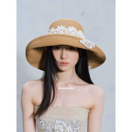 可折叠法式蕾丝花朵大檐草帽女夏海边度假沙滩帽子防晒遮阳渔夫帽