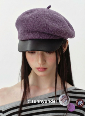小众设计紫色羊毛呢皮檐报童帽子女秋冬季街头韩版日系显脸小礼帽