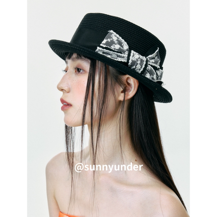 黑色日系小沿遮阳帽子女夏季百搭时尚草编草帽法式复古蝴蝶结礼帽