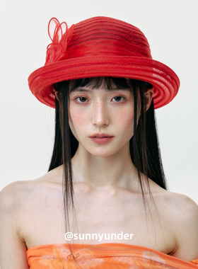 红色欧根纱复古小沿渔夫帽女夏季透气轻盈法式赫本风盆帽度假礼帽