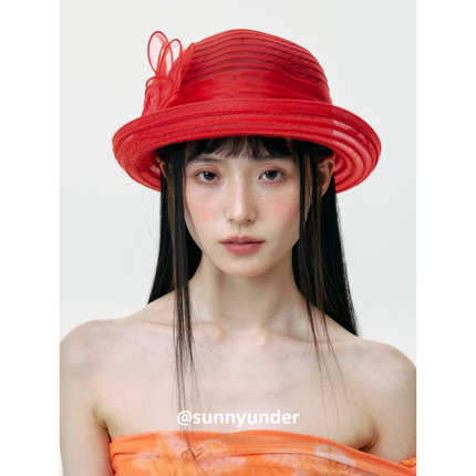 红色欧根纱复古小沿渔夫帽女夏季透气轻盈法式赫本风盆帽度假礼帽