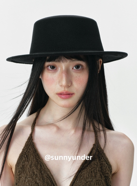 黑色仿毛呢平顶光板帽子女春秋冬季韩版穿搭凹造型时尚礼帽潮ins