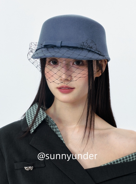 网纱蓝色平顶鸭舌帽子女春秋冬韩版日系显脸小英伦复古报童帽ins