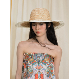 時髦高級感拉菲草編大沿草帽女夏季 海邊沙灘度假防曬遮陽帽子 法式