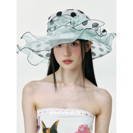 大沿波点款荷叶边透气蕾丝帽子女士夏季户外出游网纱遮阳太阳帽潮