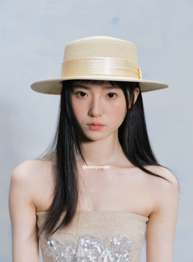 时尚法式礼帽蝴蝶结草编平顶草帽女海边度假韩版日系百搭遮阳帽子