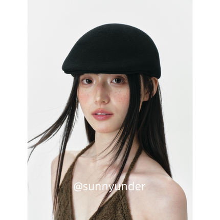 纯色羊毛前进帽女春秋冬季街头韩版日系毛呢显脸小马术帽贝雷帽潮