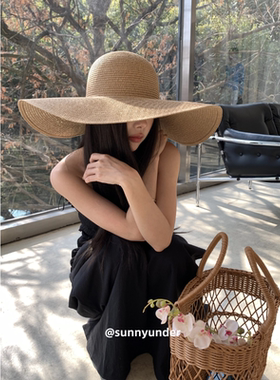 定制草色草帽女夏季旅游沙滩帽大帽檐遮阳帽子海边度假防晒太阳帽