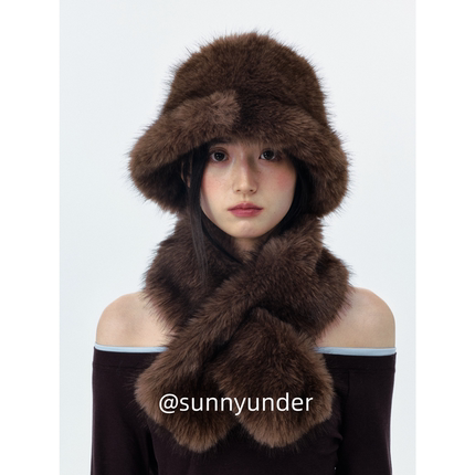 氛围感韩系毛绒帽子围巾二件套女秋冬防寒保暖渔夫帽围脖套装ins