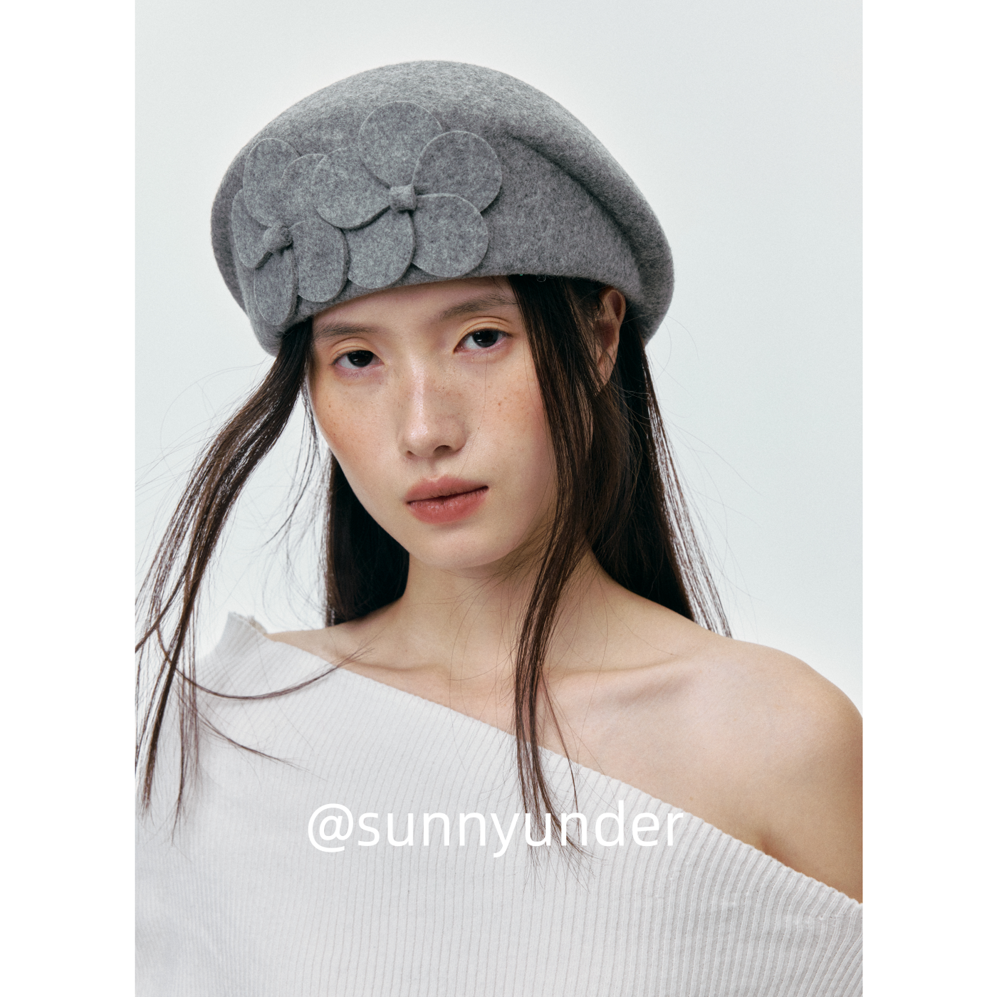 时髦灰色花朵羊毛呢贝雷帽子女秋冬韩版日系英伦复古空姐礼帽ins