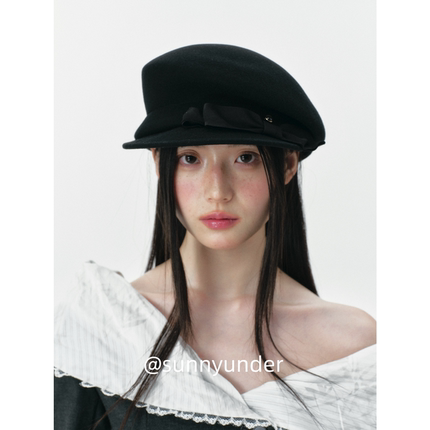 蝴蝶结羊毛报童帽女秋冬韩版日系复古百搭显脸小羊毛呢马术帽ins