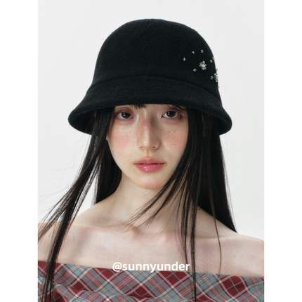 时髦闪钻羊毛呢渔夫帽子女秋冬韩版日系百搭显脸小盆帽度假礼帽潮