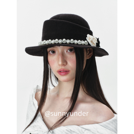 时髦花朵马术帽子女春秋冬季韩版日系百搭法式优雅复古礼帽潮ins