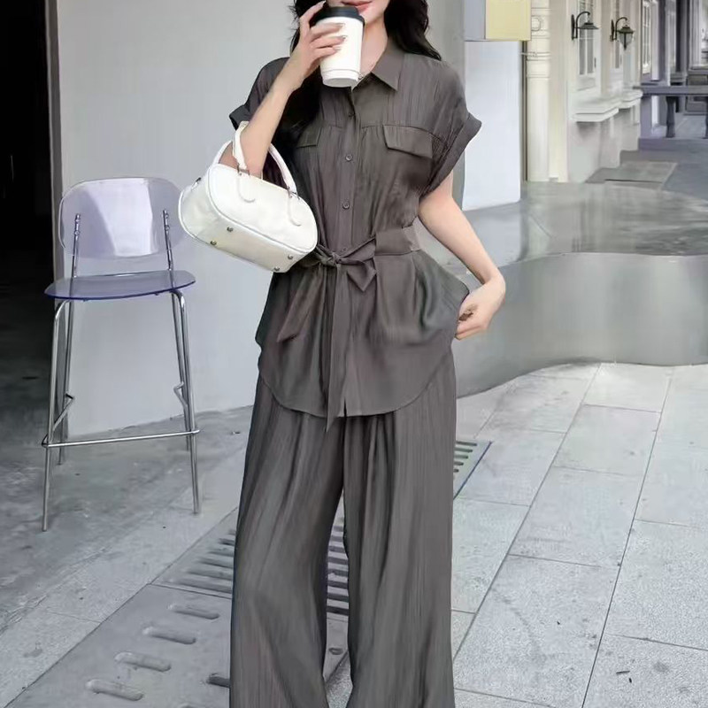 时尚两件套套装女夏季潮流绑带短袖衬衫高腰直筒裤显瘦遮胯长裤