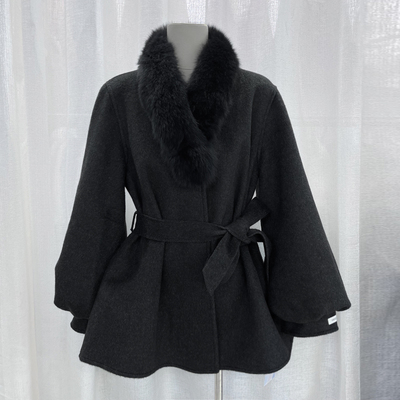 欧版双面羊毛呢大衣女2025冬季新款设计感灯笼袖绑带长袖呢子外套