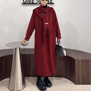 韩版双面羊毛呢大衣女2025冬季气质双排扣长款上衣带帽围巾呢外套