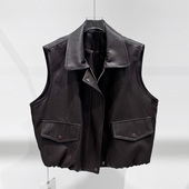 韩版 外套百搭小个子洋气马夹上衣 翻领潮流无袖 PU皮马甲女秋季 新款