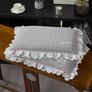 郎莎2025新款新品全棉华夫格彩色蕾丝花边全荞麦枕头枕芯护颈椎