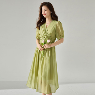 收腰显瘦复古绿长裙 今年流行爆款 新款 小个子高端连衣裙女2024夏季