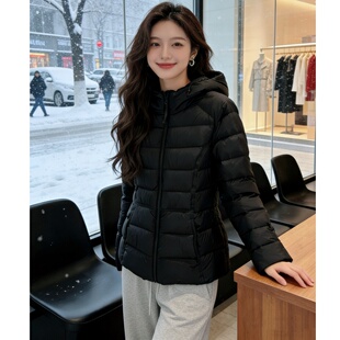 黑色羽绒服女2025冬季连帽外套厚款排骨羽绒服显瘦修身小个子短款
