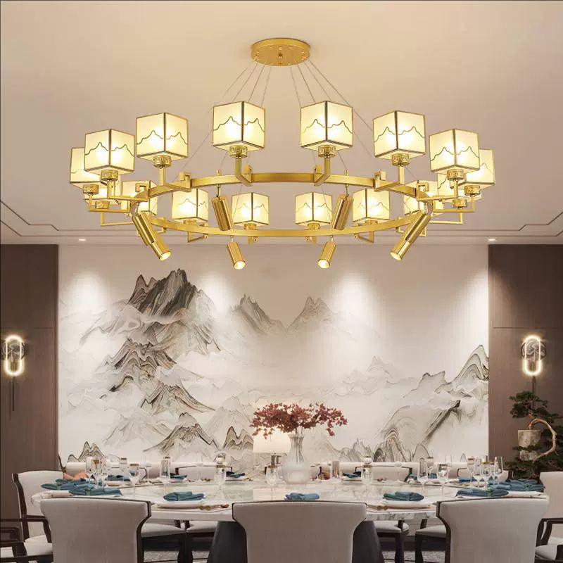 新中式饭厅吊灯圆形带射灯中国风饭店包厢包湘菜馆间灯宴会厅灯具