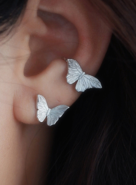 DifferentYoung耳挂女无耳洞耳夹蝴蝶耳环耳骨夹哑光磨砂纯银礼物