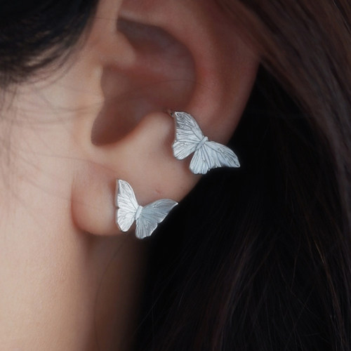 DifferentYoung耳挂女无耳洞耳夹蝴蝶耳环耳骨夹哑光磨砂纯银礼物