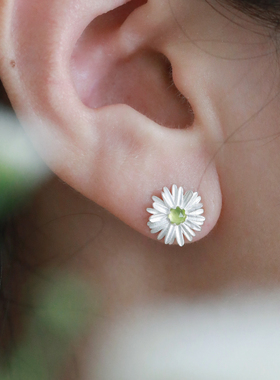 DifferentYoung小雏菊耳钉女纯银天然黄水晶橄榄石花朵耳环耳饰品