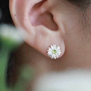 DifferentYoung小雏菊耳钉女纯银天然黄水晶橄榄石花朵耳环耳饰品