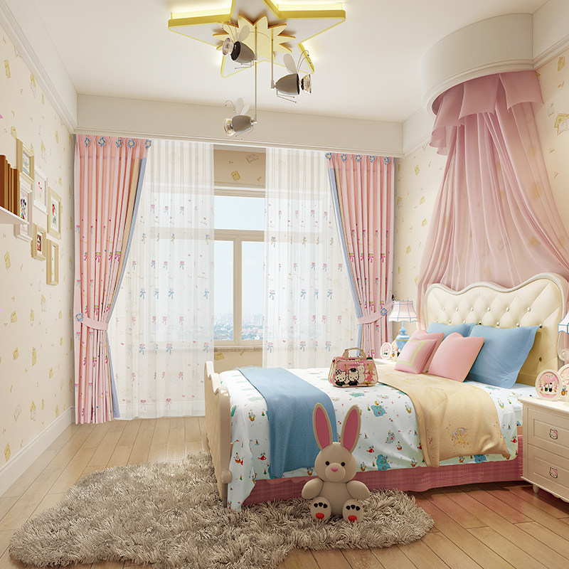儿童窗帘女孩棉麻卧室落地窗韩式蝴蝶结公主风简约现代梦幻飘窗